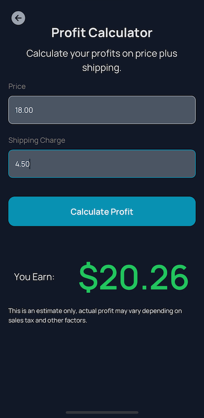 Profit calculator screen